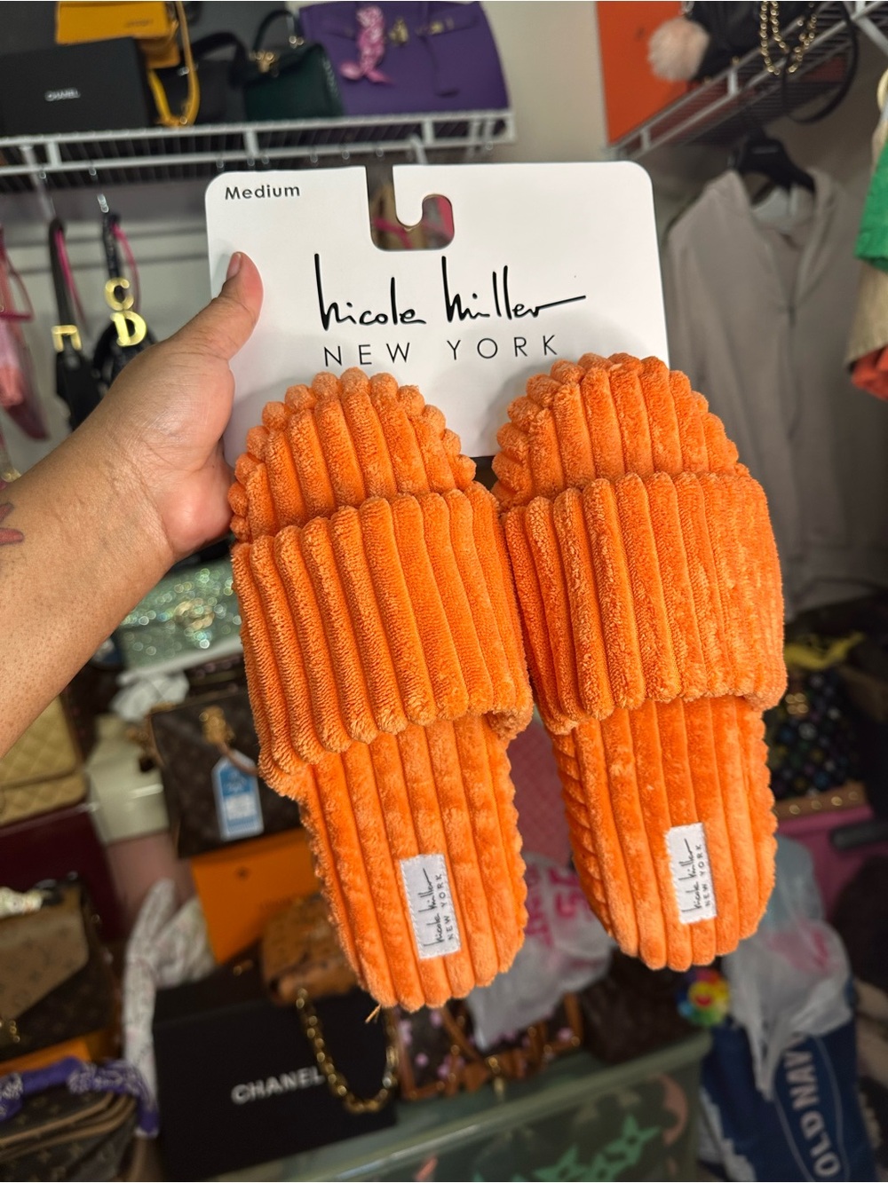 Nicole Miller Orange Plush Ribbed Slide Sandals